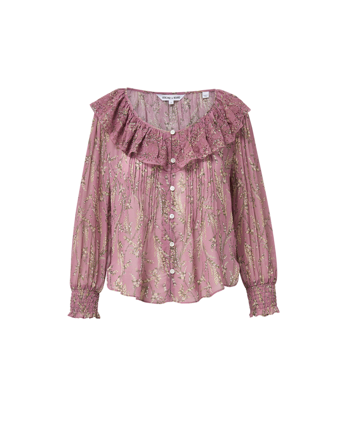 Veronica Beard Pink floral blouse with ruffled collar and shirred cuffs.