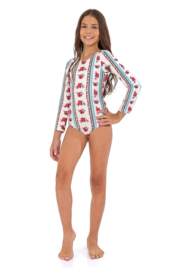 Long-sleeve one piece swimsuit with vertical stripes in turquoise, burgundy, and black on white background, featuring red pattern detail print