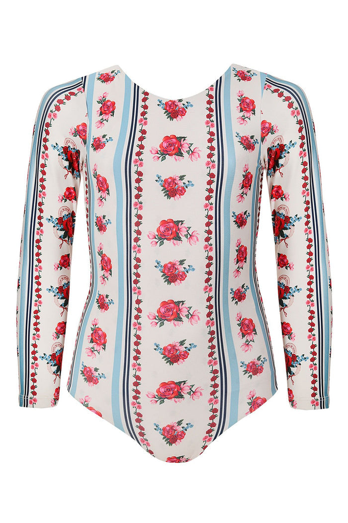 Long-sleeve one piece swimsuit with vertical stripes in ivory, blue, and navy, featuring pink and red roses with green foliage throughout