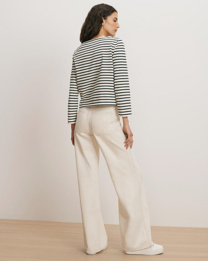Veronica Beard Hovey Embroidered Stripe Top - Dove/Navy Stripe