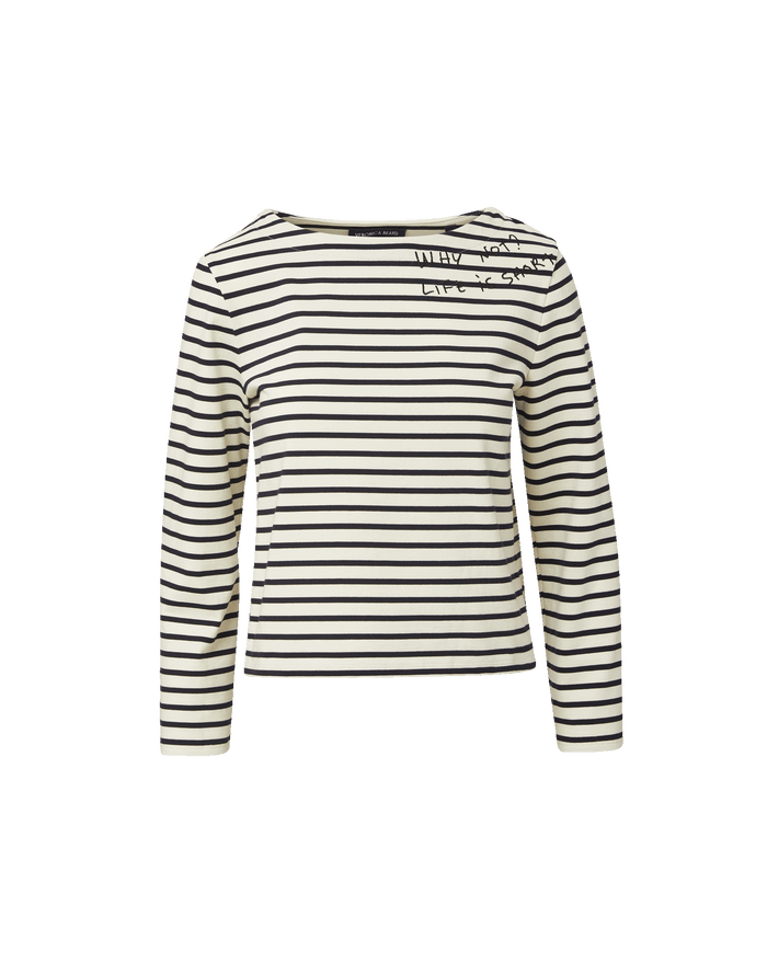 Veronica Beard Hovey Embroidered Stripe Top Dove/Navy Stripe