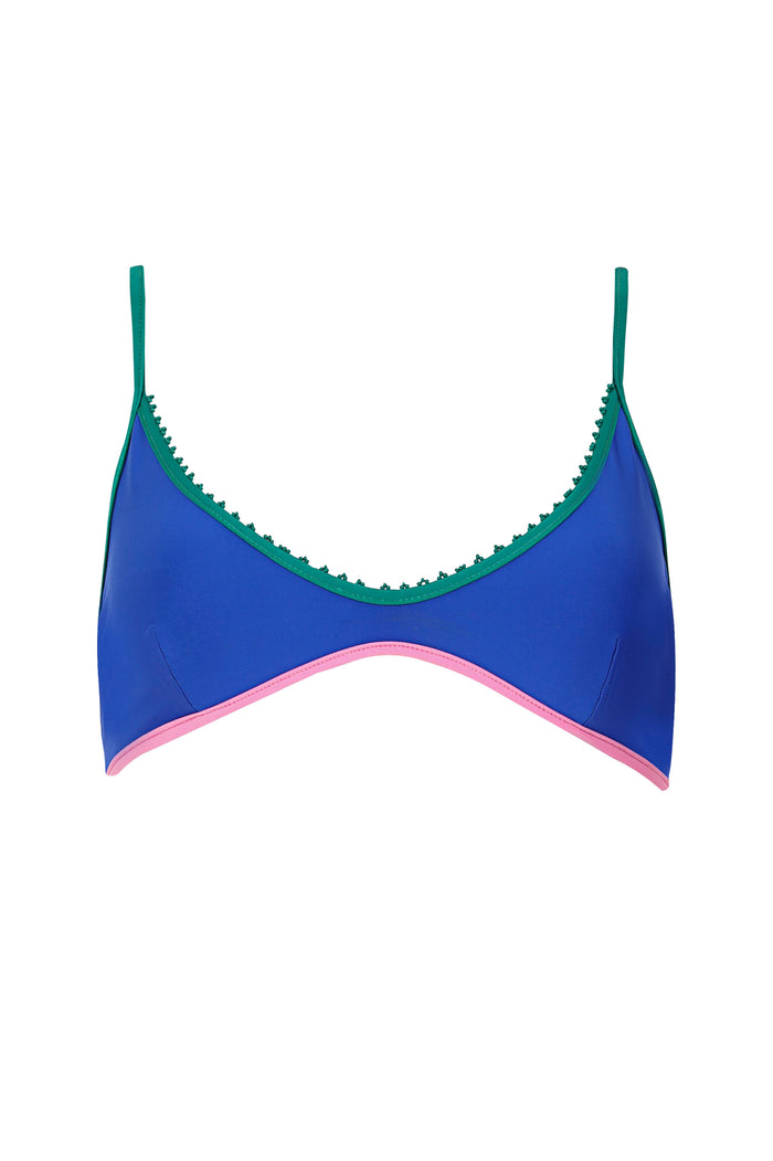 Blue bikini top with teal straps, green scalloped trim, and pink wave detail at underband