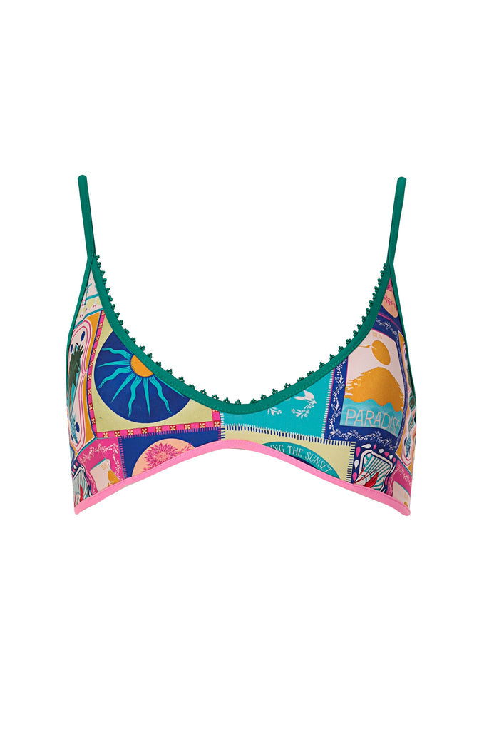Triangle bikini top with teal straps and scalloped trim, featuring multicolor patchwork print with graphic shapes and text details