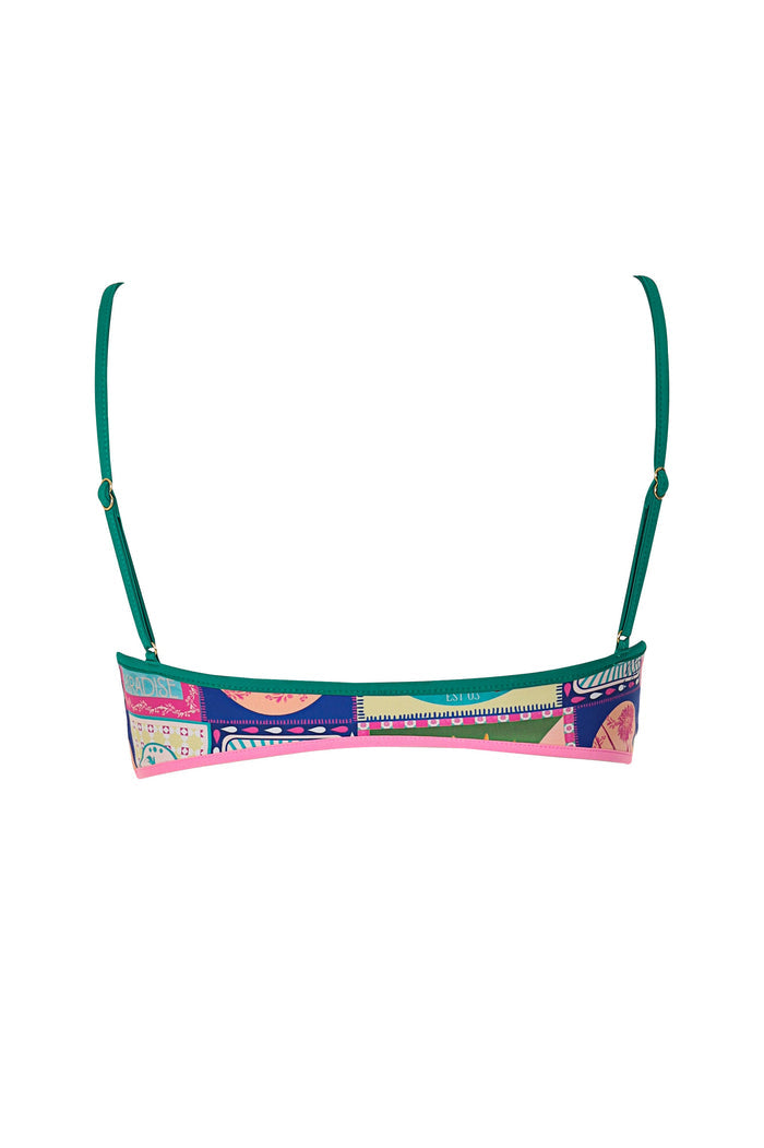 Howy bikini top with teal straps and multicolor geometric patchwork print featuring pink, blue, peach, and cream panels with striped and circular det…