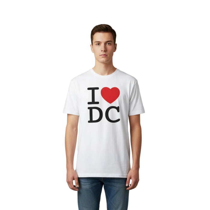 White t-shirt with 'I ❤️ DC' design on a black table.