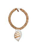 Veronica Beard Wooden beaded necklace with a large spiral shell pendant.