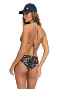 Black bikini bottom with colorful pattern detail embroidery print, reversible design, low-rise waist with back view shown