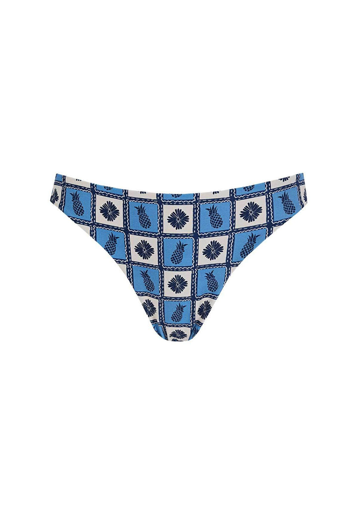 Bikini bottom with blue and cream checkered pattern featuring alternating pineapple and starburst shapes
