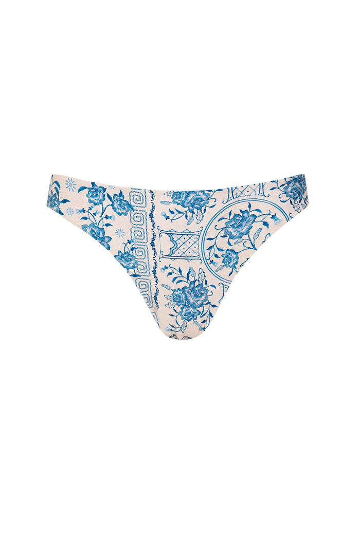 Ilu bikini bottom in blush pink with blue pattern detail and geometric tile print