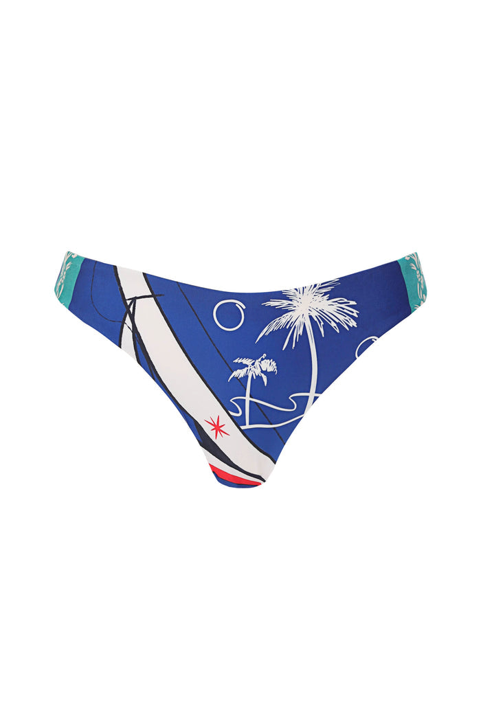Blue bikini bottom with white palm tree outlines, diagonal stripe detail, and teal geometric side panels