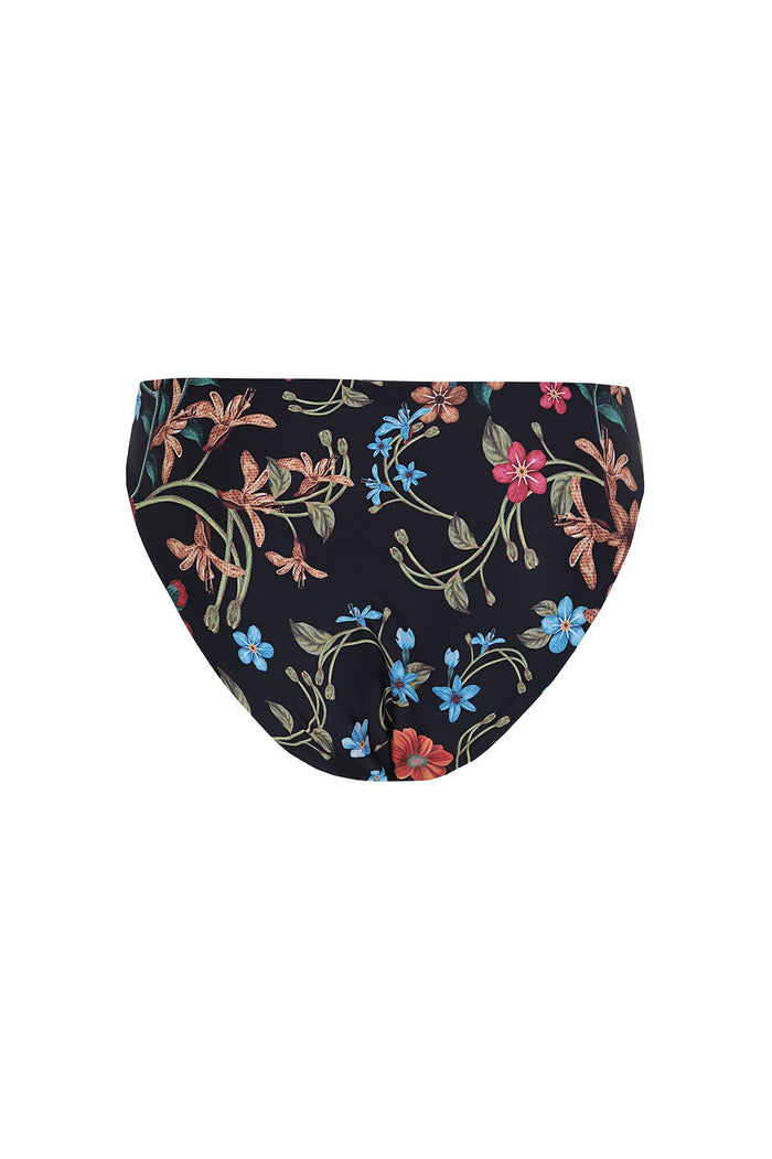 Black bikini bottom with embroidered pattern detail print in blue, pink, coral, and sage green on curved stems
