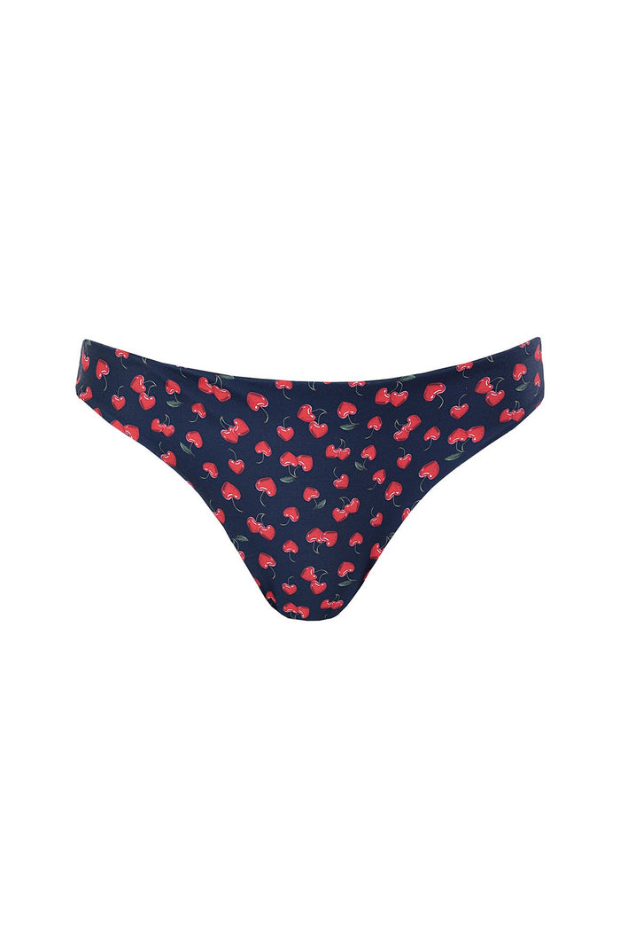Navy bikini bottom with red cherry print and low-rise coverage