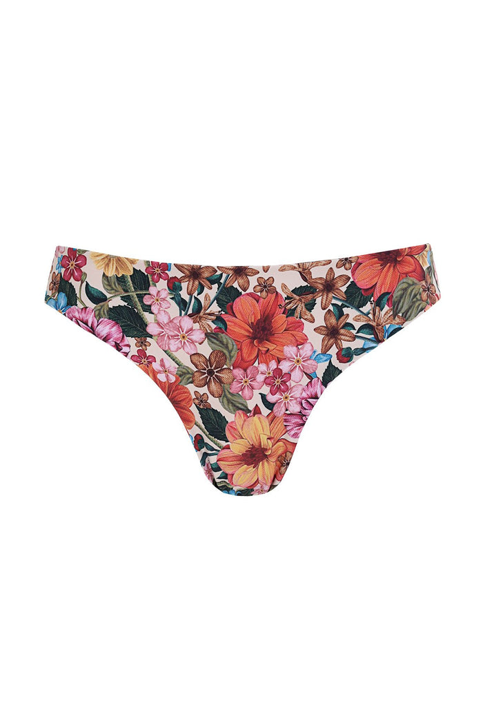 Ilu bikini bottom with multicolored pattern detail print featuring coral, pink, and yellow blooms with green leaves on light background