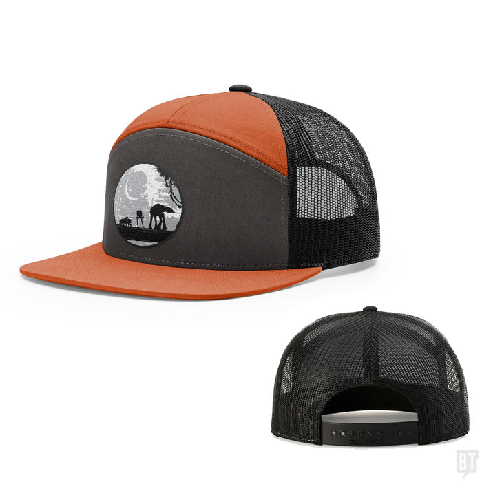 Seven-Panel Trucker Flatbill / Charcoal and Burnt Orange and Black / One Size