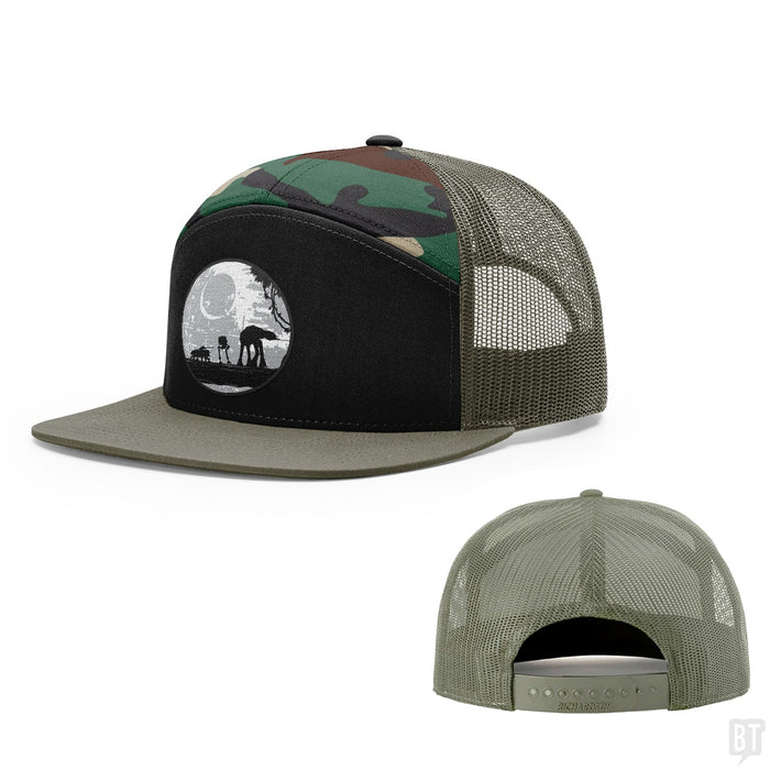 Seven-Panel Trucker Flatbill / Black and Camo and Loden / One Size