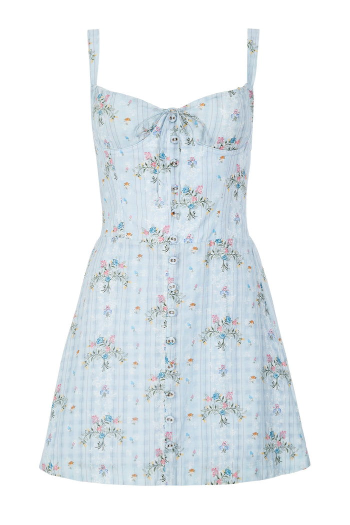 Light blue mini dress with vertical striped texture and all-over pattern detail embroidery, featuring structured bustier bodice with front button clo…