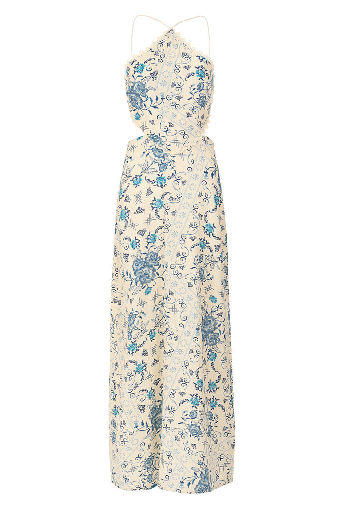 Indira halter maxi dress in cream with blue pattern detail and scrollwork print, open back with braided straps and lace trim details