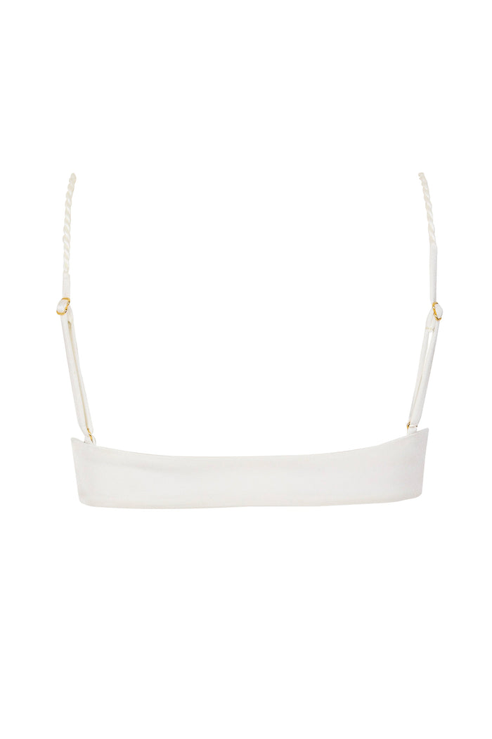 White bandeau bikini top with braided adjustable straps and gold-tone hardware
