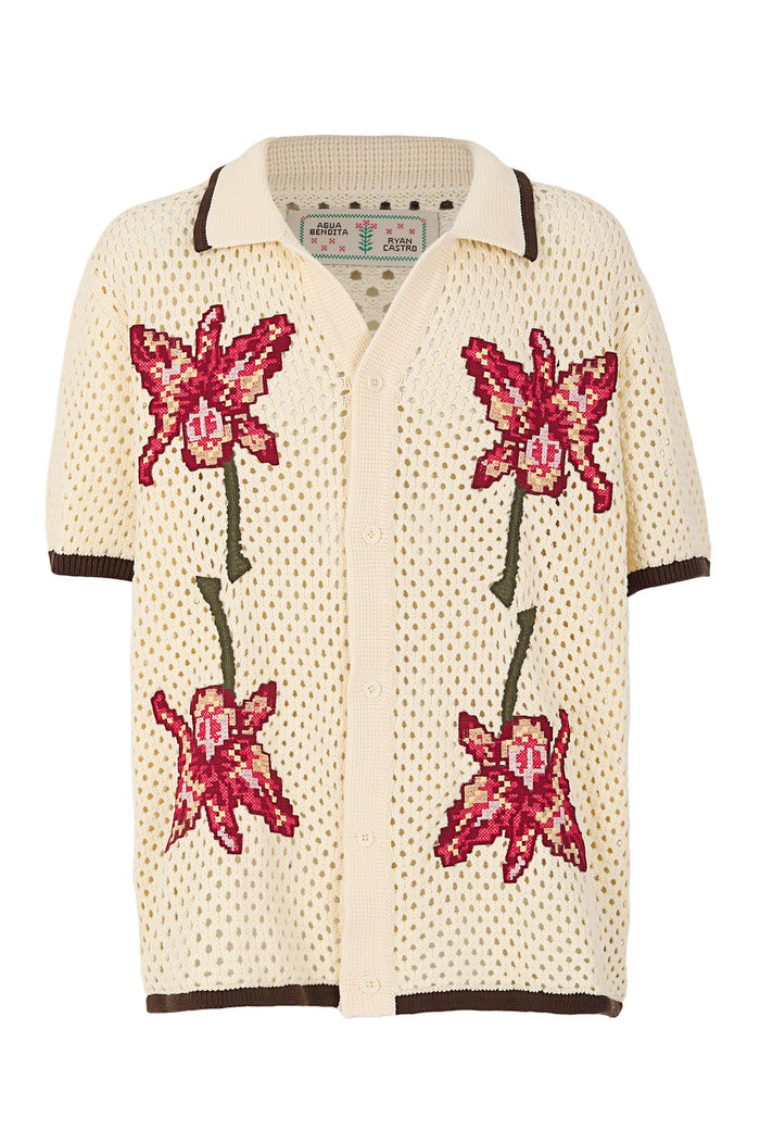 Cream open-knit collared shirt with brown trim and four embroidered pattern detail designs in burgundy and pink tones