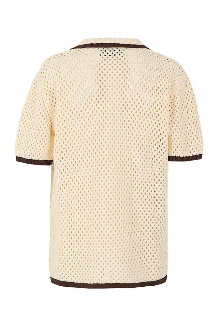 Cream crochet-knit polo shirt with brown contrast trim on collar, sleeves, and hem, back view