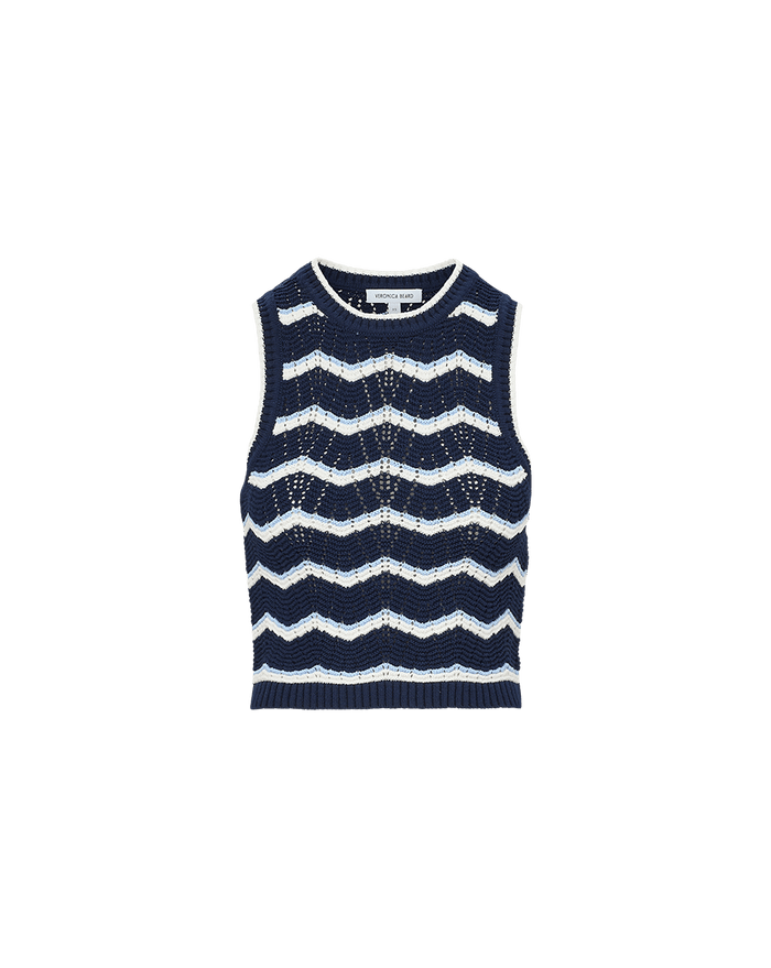 Veronica Beard Jerrel Cropped Knit Tank Top - Navy/Off-White/Bluebell