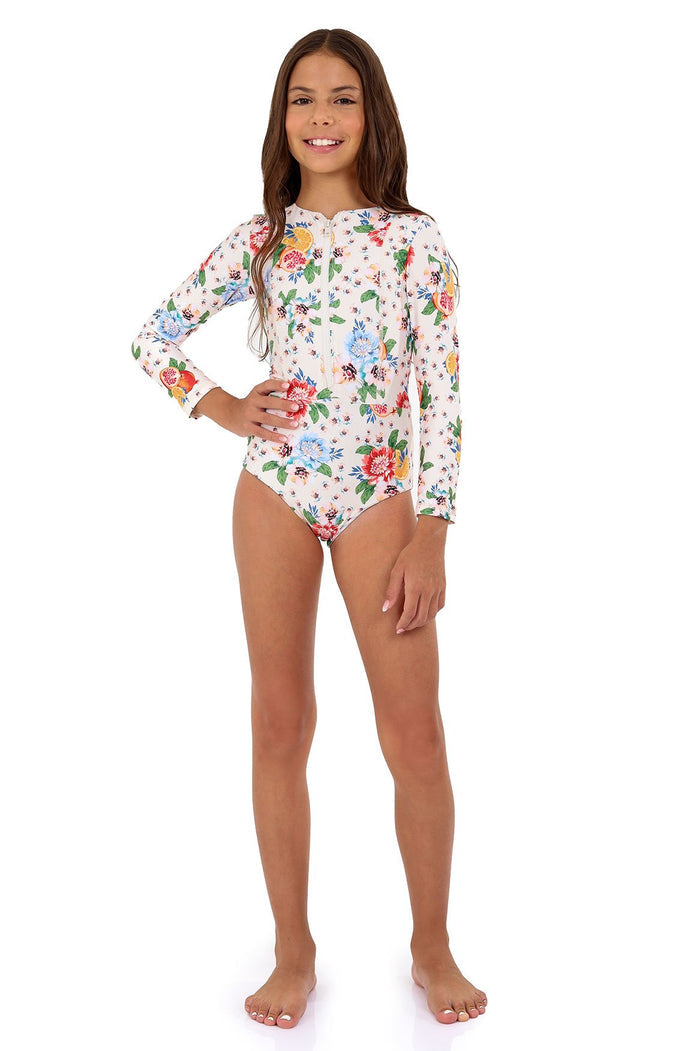 Long-sleeve girls' one piece swimsuit with front zipper in white with colorful pattern detail print