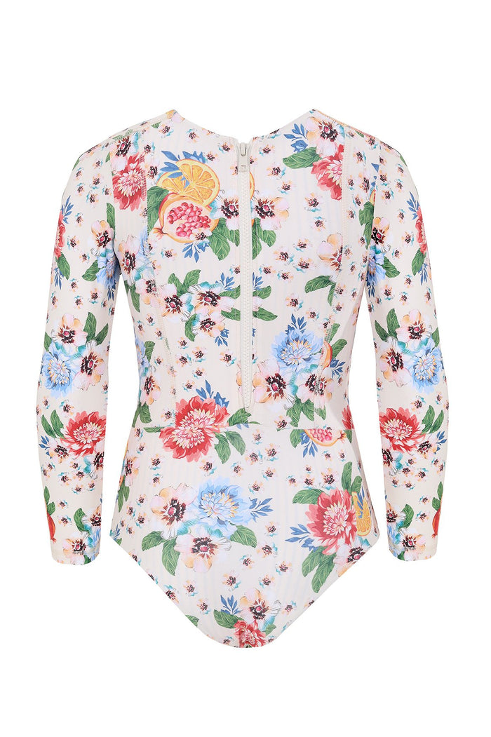 White long-sleeve one-piece swimsuit with back zipper and colorful pattern detail print featuring coral, blue, and yellow blooms with green leaves