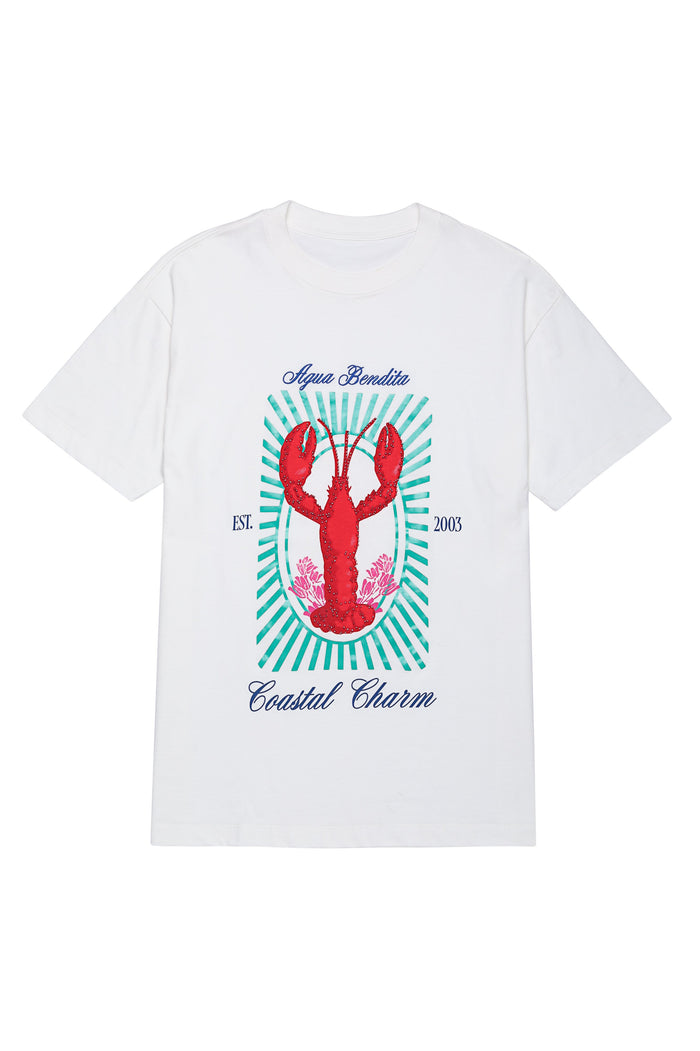 White oversized t-shirt with red lobster embroidery on turquoise radiating stripe print, short sleeves