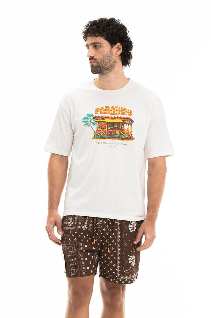 White Jhoselyn t-shirt with embroidered colorful paradise beach scene and palm tree design on front