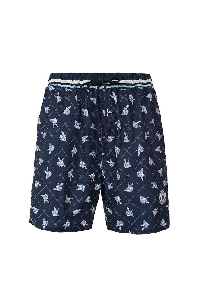 Navy swim trunks with light blue turtle print over diagonal lattice pattern, elastic waistband with white and blue stripes