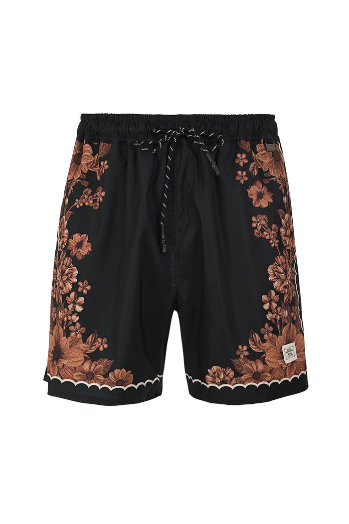 Black swim trunks with copper embroidered pattern detail placement print along sides and scalloped white hem trim