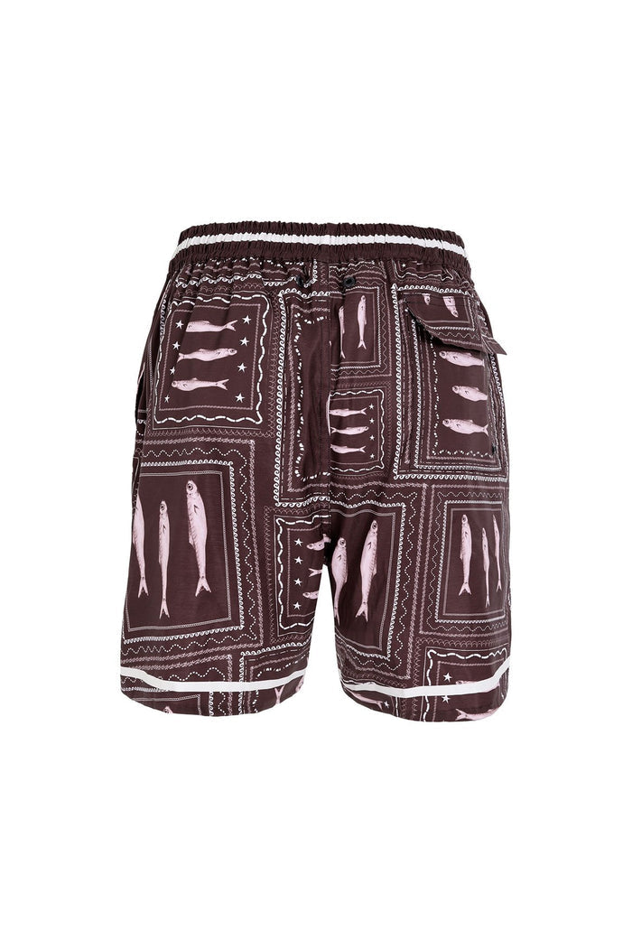 Brown swim trunks with geometric framed print featuring pink elongated shapes and star details