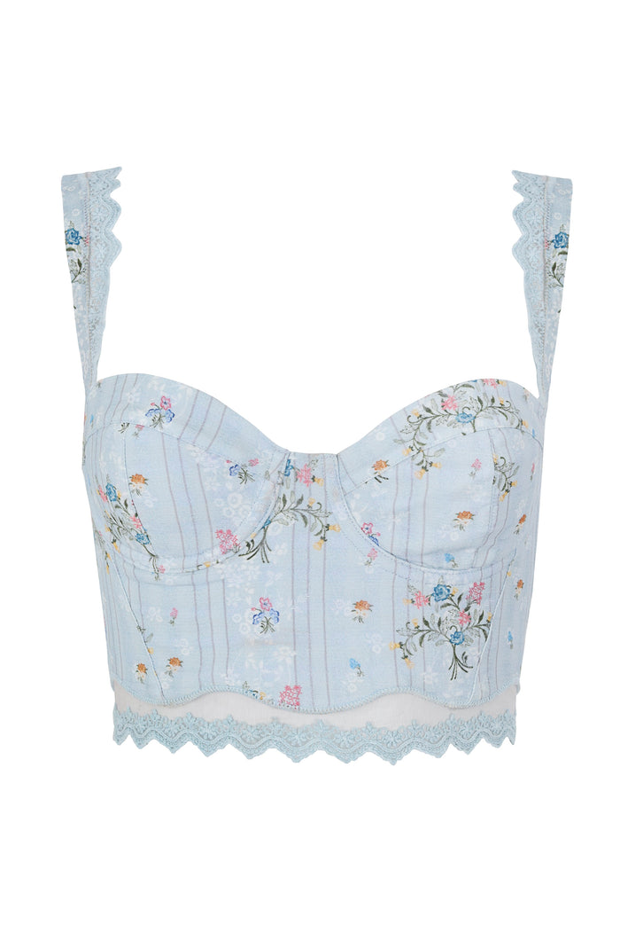 Light blue structured crop top with underwire cups, pattern detail embroidery, scalloped lace trim, and adjustable straps