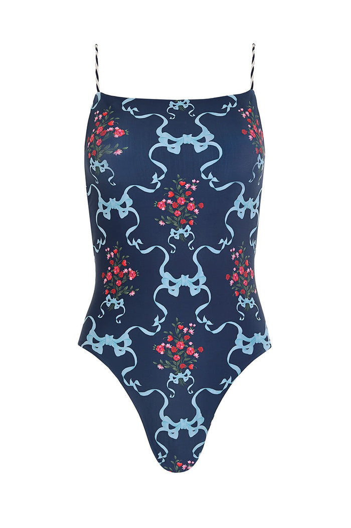 Navy one-piece swimsuit with blue ribbons and red pattern detail bouquet print, adjustable braided straps