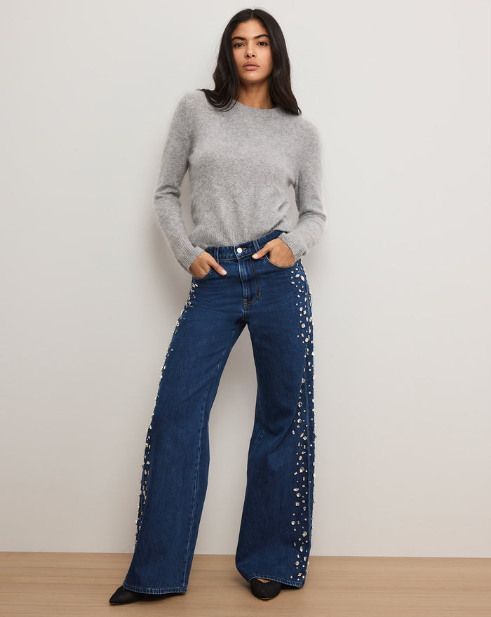 Veronica Beard Kasey Embellished Wide-Leg Jean - Stoned Bright Blue