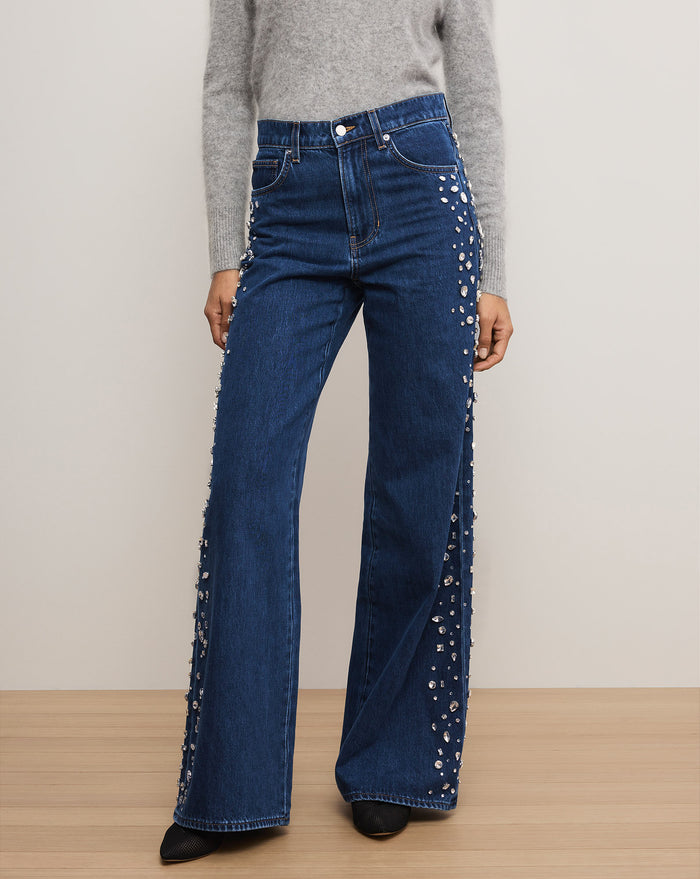 Veronica Beard Kasey Embellished Wide-Leg Jean - Stoned Bright Blue