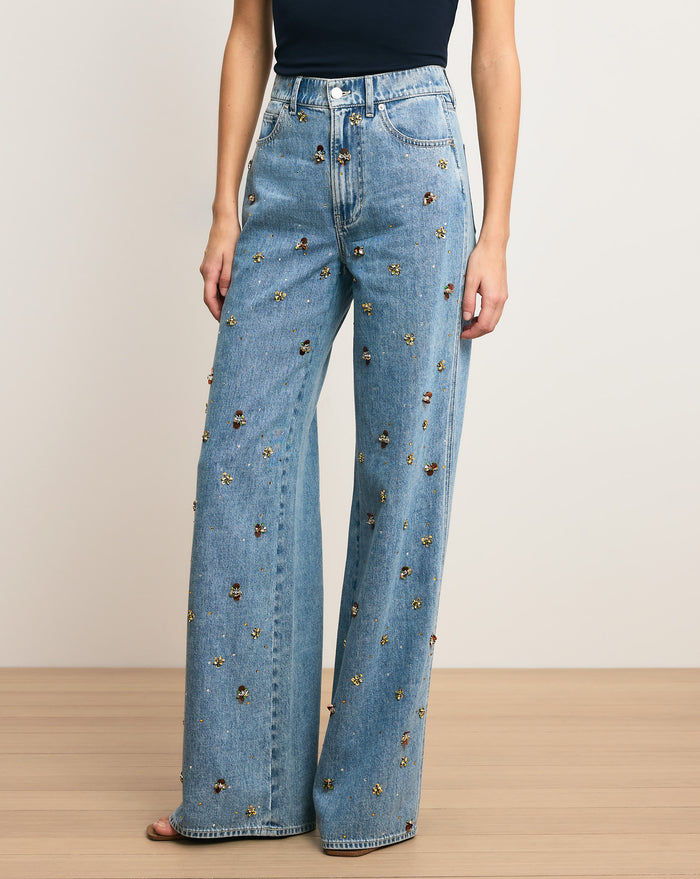 Veronica Beard Kasey Embellished Wide-Leg Jean - Silver Dust