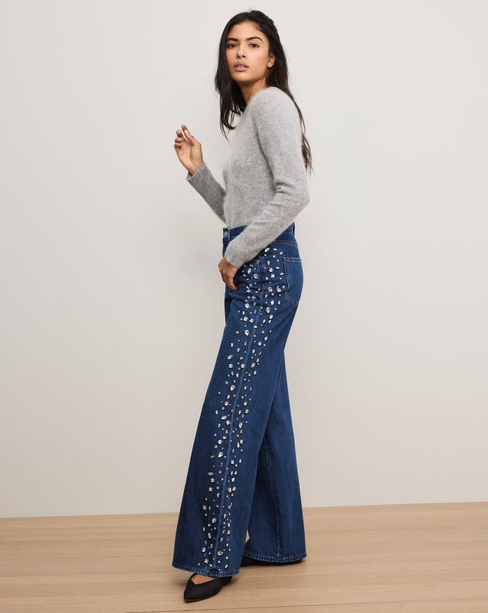 Veronica Beard Kasey Embellished Wide-Leg Jean - Stoned Bright Blue