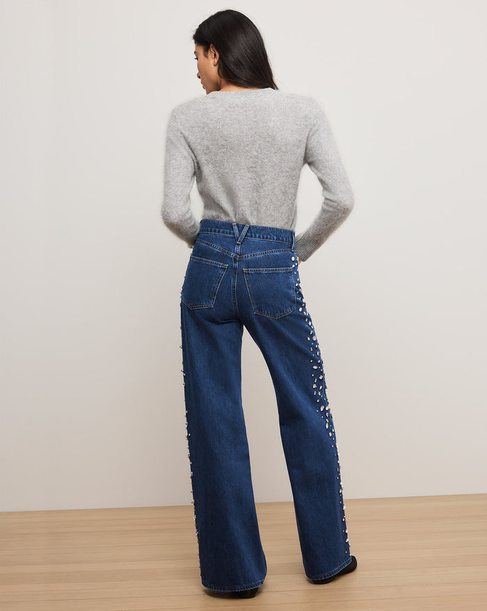 Veronica Beard Kasey Embellished Wide-Leg Jean - Stoned Bright Blue