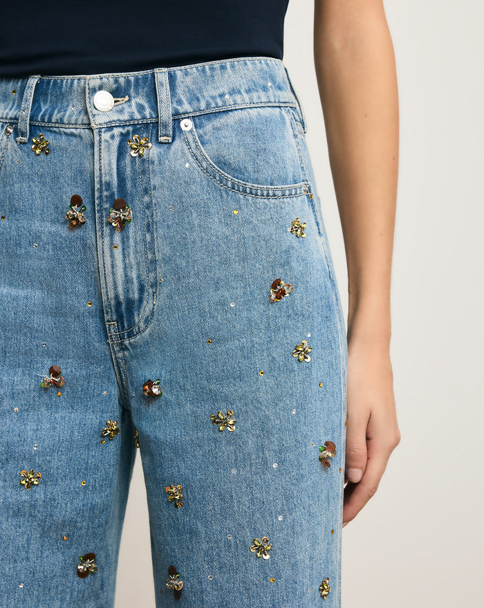 Veronica Beard Kasey Embellished Wide-Leg Jean - Silver Dust