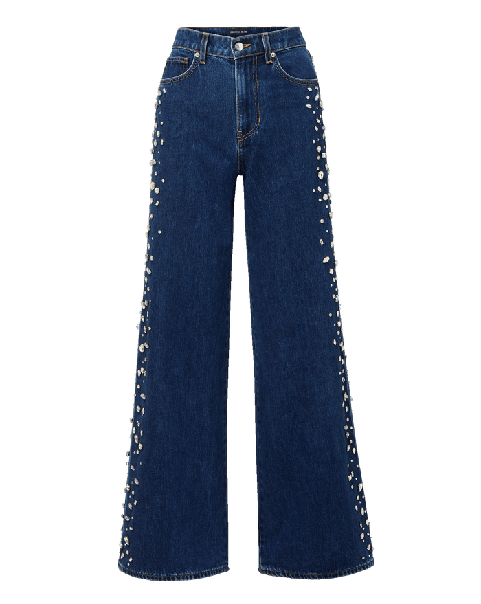 Veronica Beard Kasey Embellished Wide-Leg Jean - Stoned Bright Blue