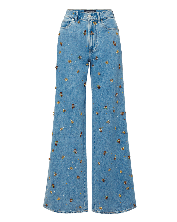 Veronica Beard Kasey Embellished Wide-Leg Jean - Silver Dust