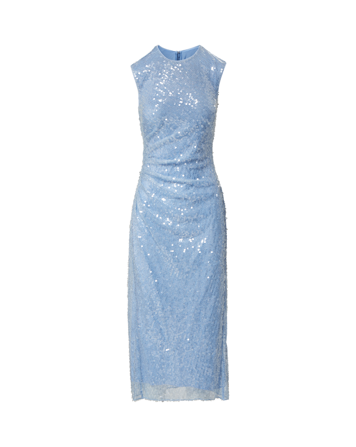 Veronica Beard Light blue sequined sleeveless midi dress with a high neck.