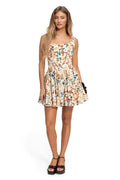 Kristen dress with structured bodice, wide straps, and flared skirt in cream with multicolor floral print
