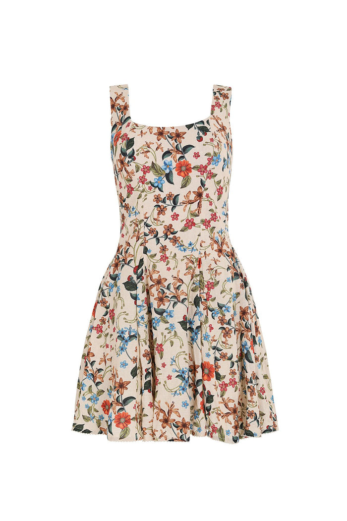 Kristen Dress in cream with floral print featuring orange, blue, and pink flowers with green leaves, structured bodice with wide straps and flared sk…