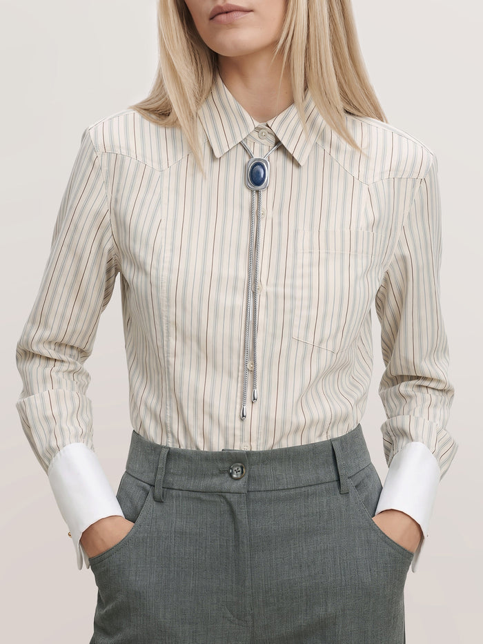 Veronica Beard Beige striped button-up shirt with white cuffs.