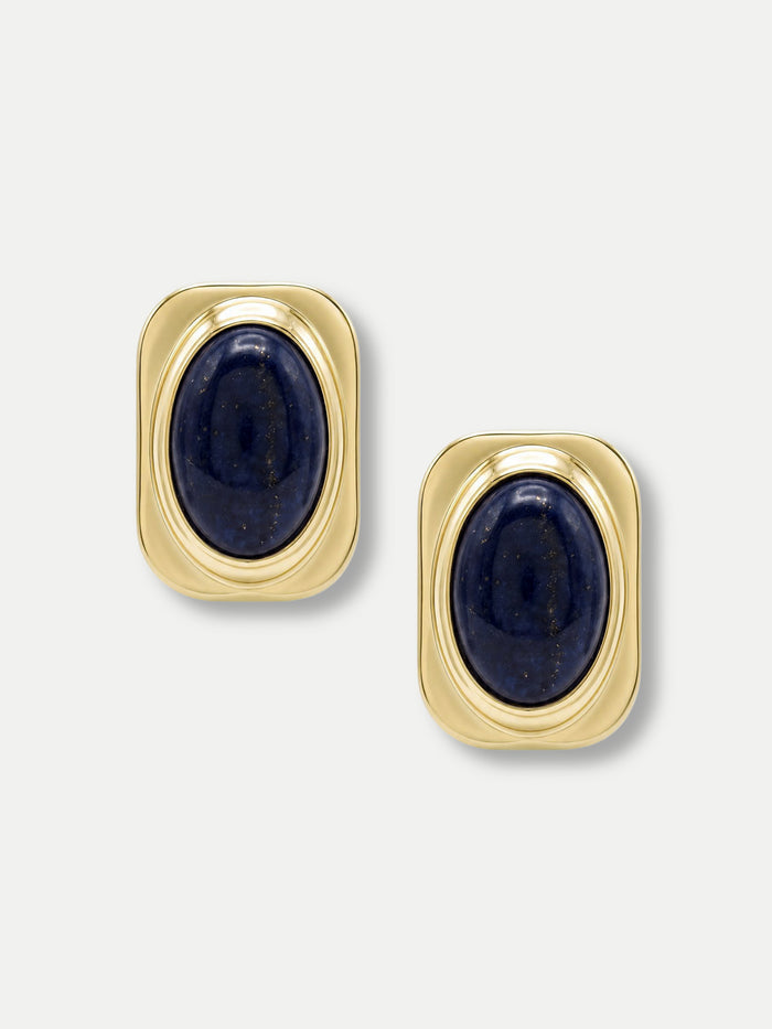 Veronica Beard Gold rectangular earrings with oval blue gemstones.