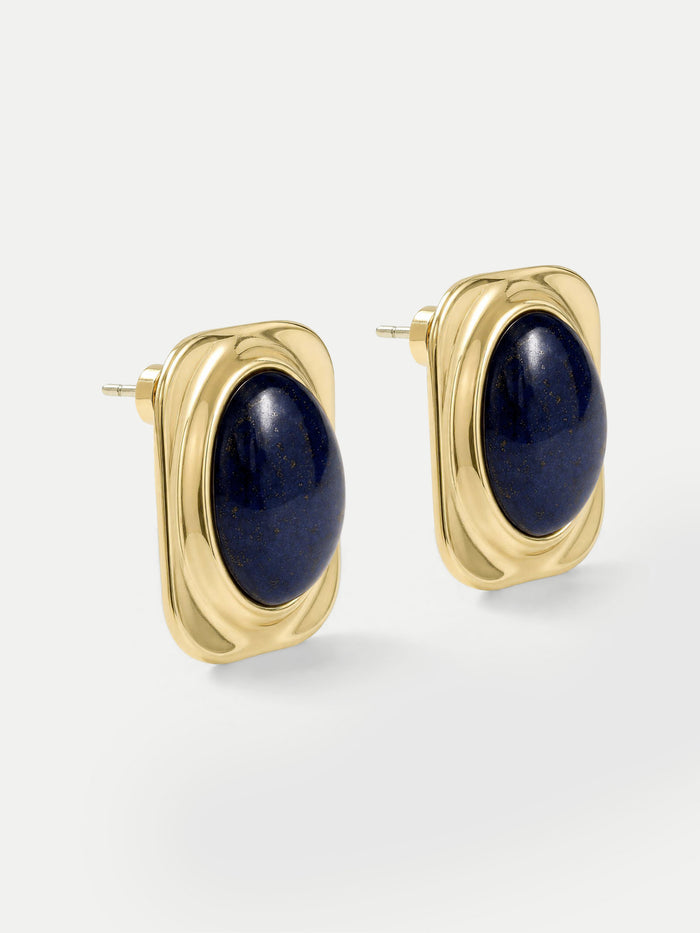 Veronica Beard Gold stud earrings with oval blue lapis stones.