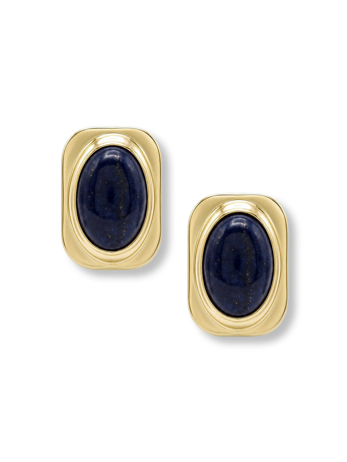 Veronica Beard Gold earrings with oval blue lapis lazuli stones.
