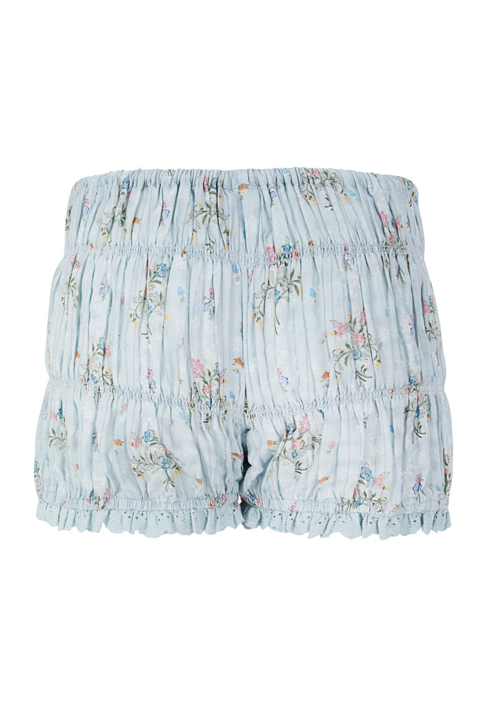 Light blue ruched shorts with delicate pattern detail print and eyelet lace trim